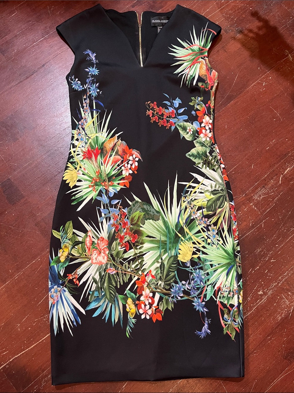 Frank Lyman Design Black Tropical Floral Sheath Midi Dress